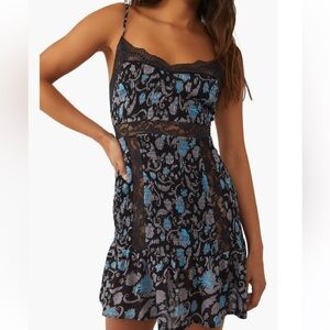 NWT! Free People Last Night Mini Nightgown Slip Dress Lace Black Combo Large